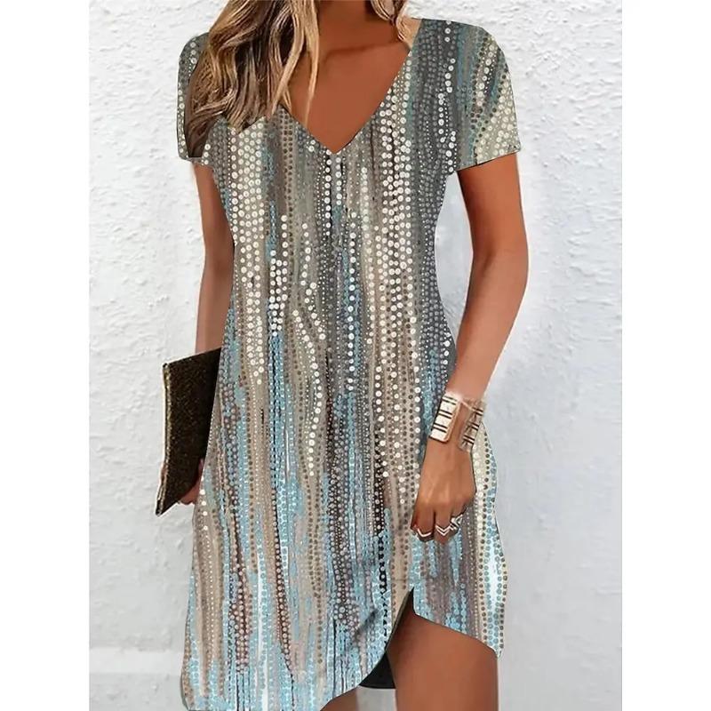 Women Short Sleeve V-Neck A-Line Dress Marble Pattern 3D Print Dress Oversizd Casual Elegant Female  Vestidos