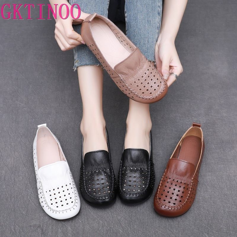 GKTINOO Summer Hollow Genuine Leather Shoes New Women Shoes Woman For Mom Women's Flats Comfortable Handmade Loafers