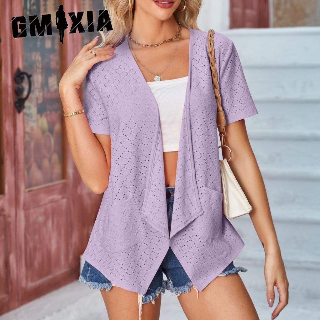 GMXIA Spring Summer Women's Solid Color Hole Short Sleeve Loose Casual Pocket Cardigan