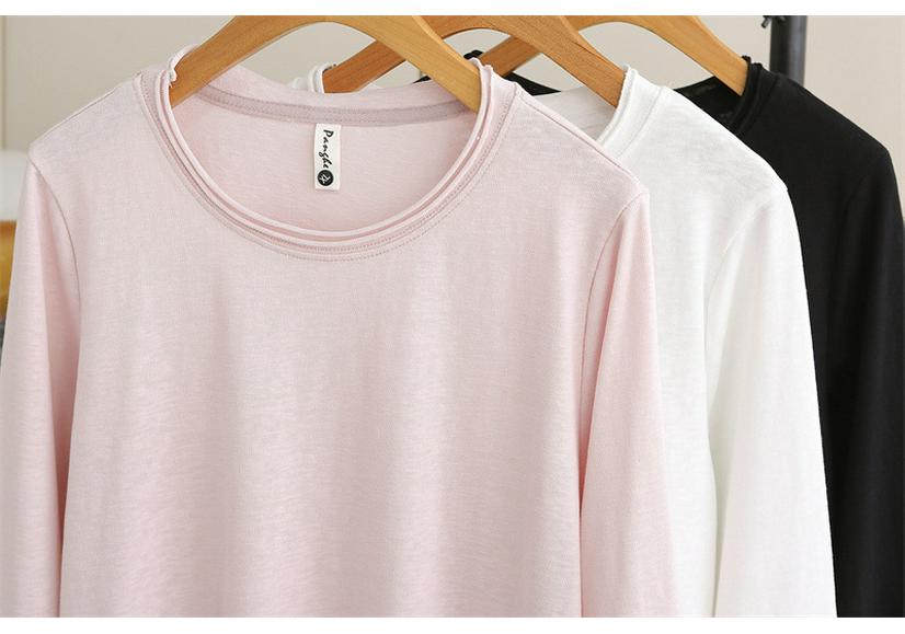 Plus Size Women's Long Sleeve Spring Top - Frayed Hem Snowflake Cotton Shirt, Simple Inner Layer T-shirt for Chubby Girls