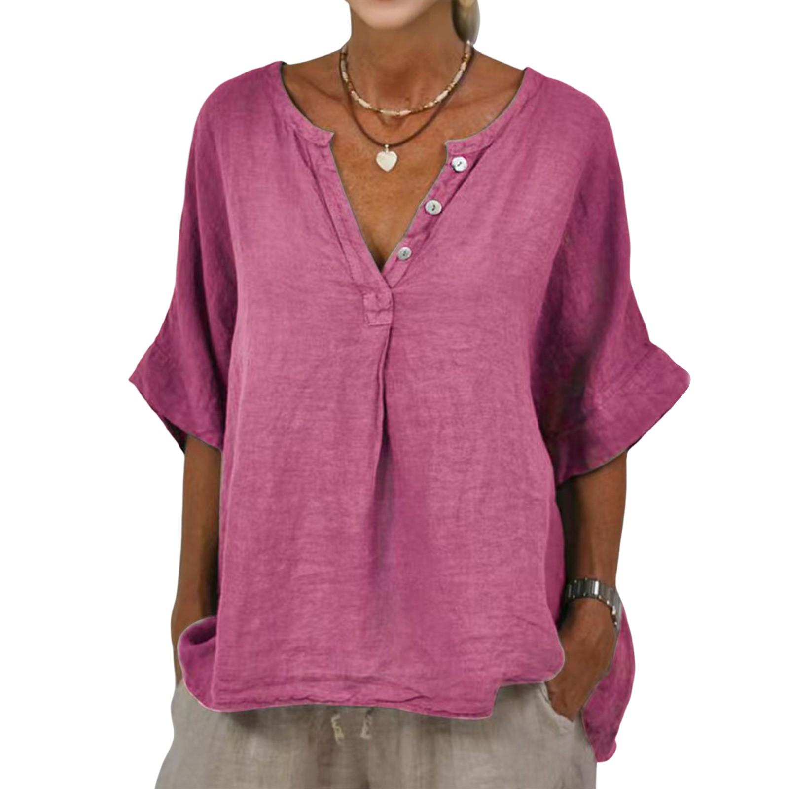 

Женская повседневная свободная модная рубашка со средним рукавом из хлопка и льна, однотонная, с V-образным вырезом и застежкой на пуговицы XXL