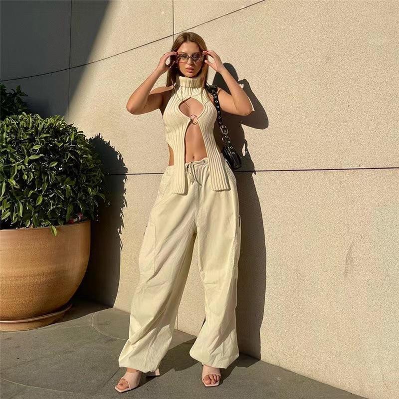 New white sweater, fun underwear, autumn women's clothing, knitted hollow sleeveless solid color backless clothing