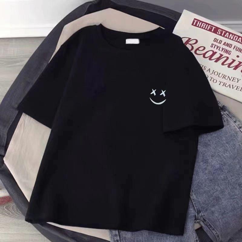 Smiling Face Print White T-shirt Summer 2025 New 100% Cotton Short Sleeve Tee Loose Casual Y2k Top Clothing