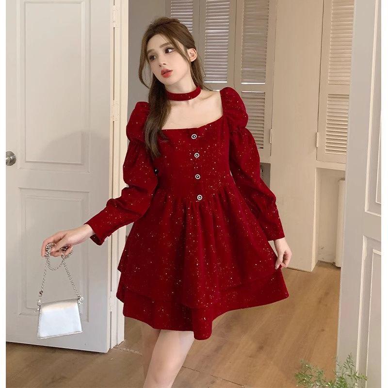 French Black Velvet Hepburn Style Slim Dress for Women - Spring/Autumn L
