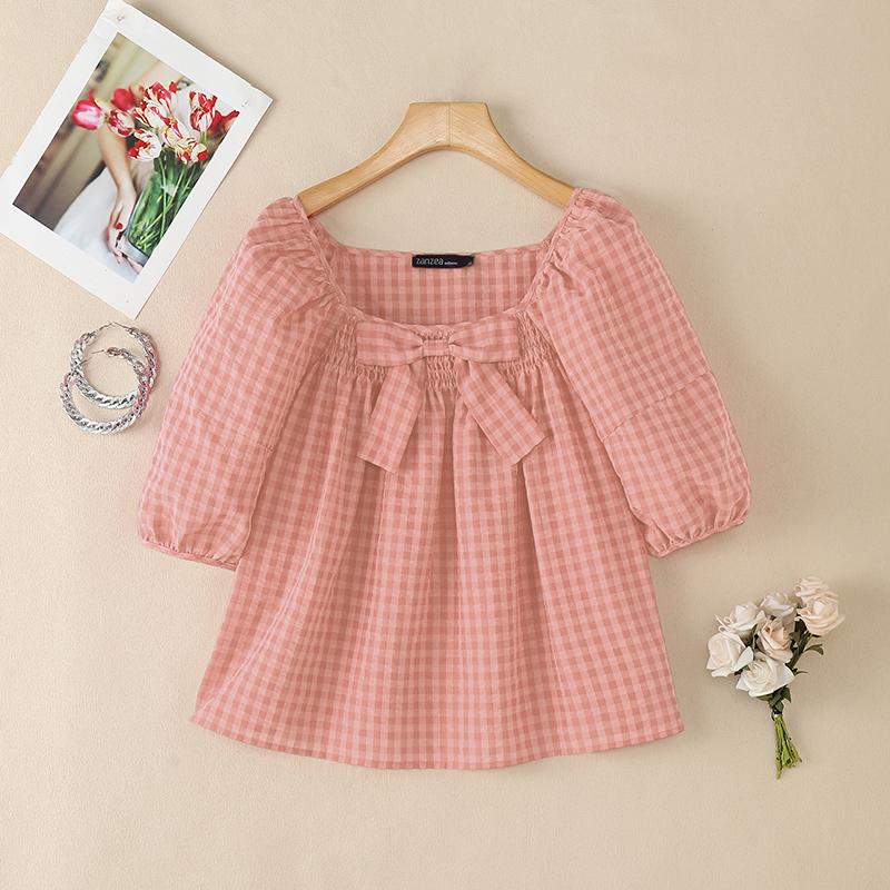 ZANZEA Women Square Collar Casual Short Sleeve Grid Print Blouse