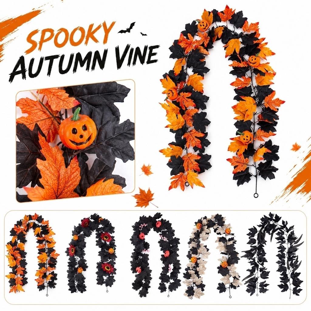 Artificial Maple Leaf Garland 175cm Halloween Decorative Vine with Pumpkin Accents for Indoor Outdoor Seasonal Home Decoration
