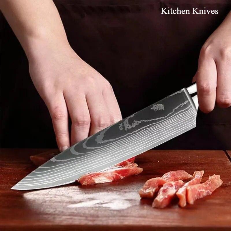 Damascus Laser Cut Chef's Knife Kitchen Knife Set Red Resin Handle Fruit Knife Carving Knife Handy Home Slicing Knife