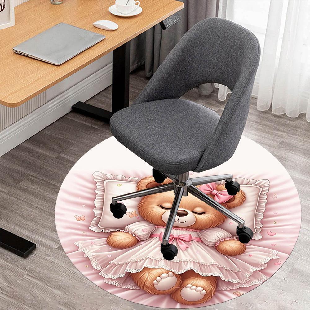 1PC Teddy Bear Pink Dress Sleep Round Chair Mat Area Rug - Non-Slip, Floor Mat for Office, Bedroom, Home Decor Christmas Gift C0528108