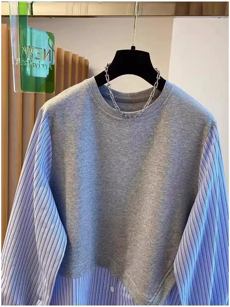 Damen Übergröße Gestreiftes Zwei-in-Eins Sweatshirt - Schlankmachendes Langarm-Oberteil für den frühen Herbst 2025