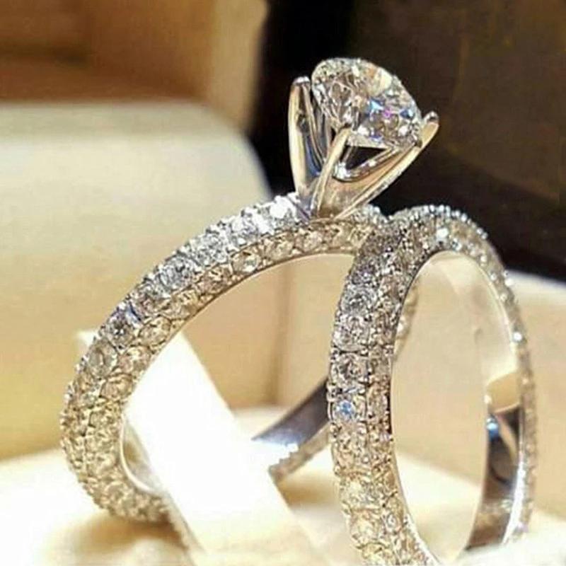2 PCS/Set Series ! Trendy Milangirl White Crystal Round Ring Set For Women Girls Wedding Engagement Party Fashion