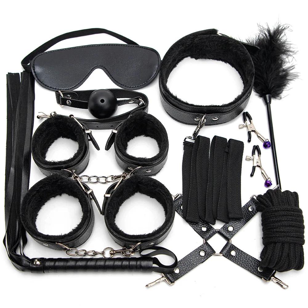 Kits Sexy Leather Plush Sex Bondage Set Handcuffs Sex Games Whip Gag Nipple Clamps Sex Toys For Couples Exotic Accessories