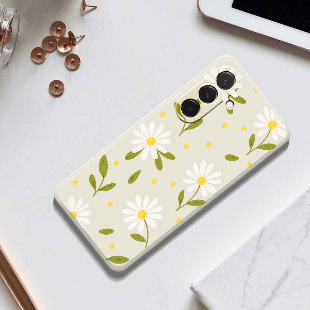 For Samsung Galaxy A36 5G Case White Flowers Green Leaves Pattern Printing Straight Edge TPU Phone Back Cover