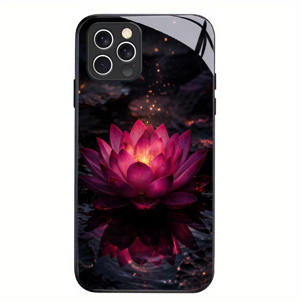 Lotus Black Tempered Glass Case For iPhone 17 16 15 14 13 12 Pro Max Shockproof Anti Fingerprint Phone Back Cover Hard Shell