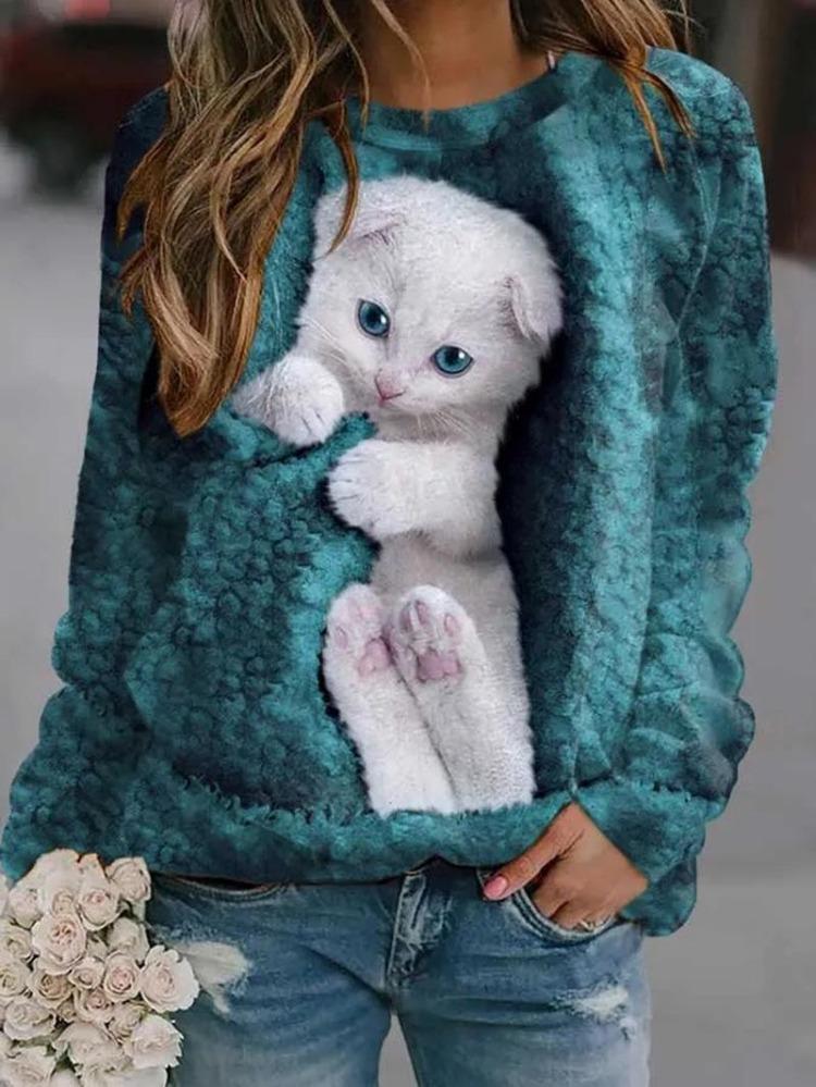 Cat Printed Loose Sweatshirt Cute Long Sleeve Round Neck Spring Summer