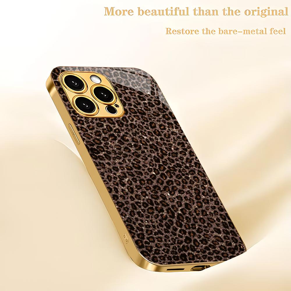 Gold leopard print electroplated glass phone case suitable for iPhone 17 16 15 14 13 12 11 Pro/Max/Plus anti drop back cover