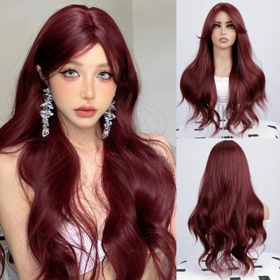 Rosenrote lockige Wellenperücken, separater Pony, 26 Zoll, synthetische Faser, hitzebeständig, tiefes Wellenhaar, natürliche Party oder Selfie, koreanische Mode