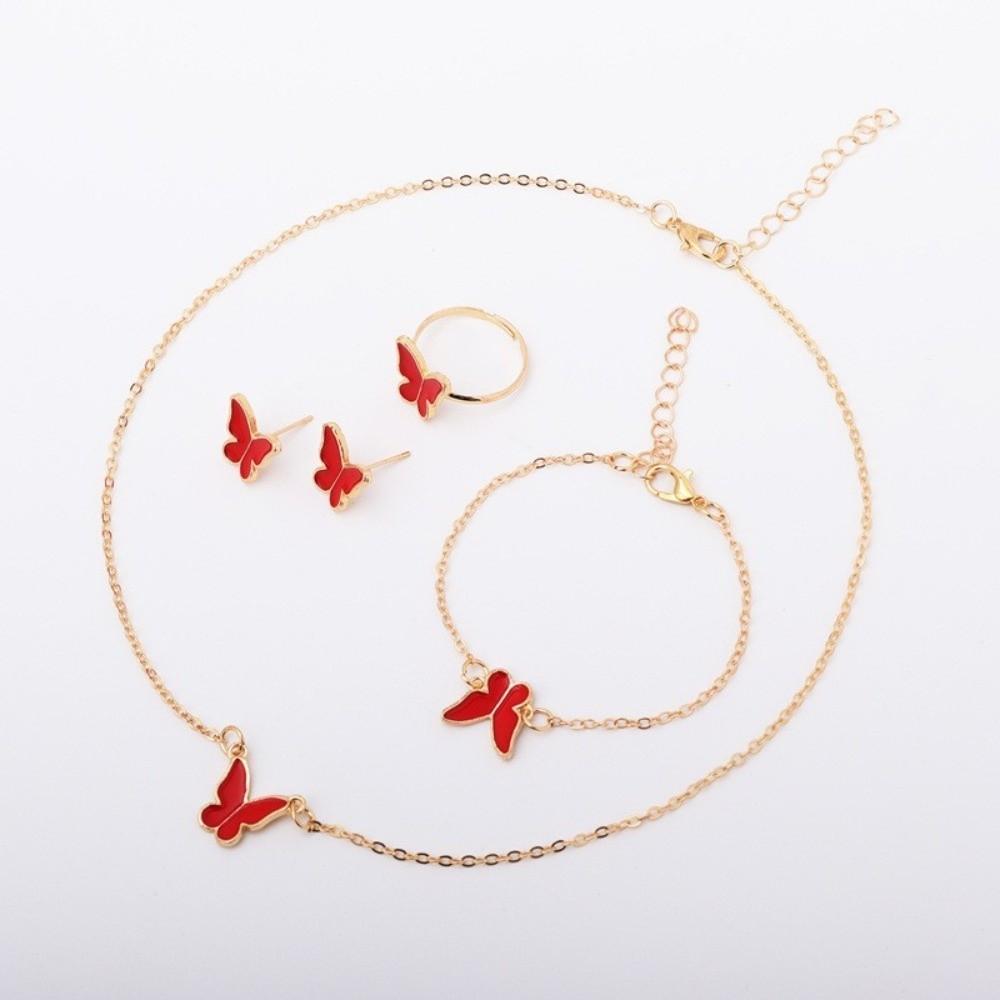 Elegance Style Butterfly Jewelry Set Minimalist Dripping Oil Heart Necklace Ring Set Artistic Design Creative