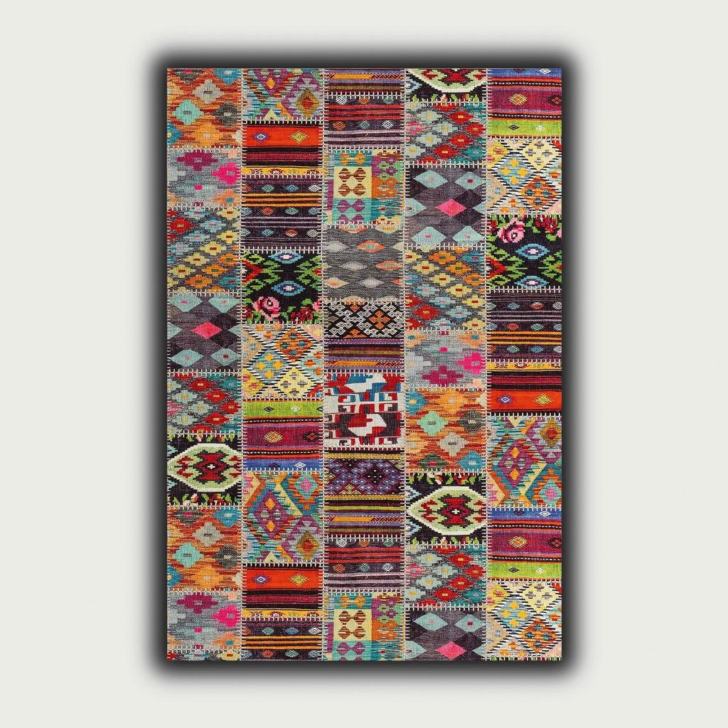 Patchwork Desenli Halı - Otantik Kilim Modeli, Kaymaz Taban Kilim, Yıkanabilir Yolluk, Renkli Halı, Koridor Halısı
