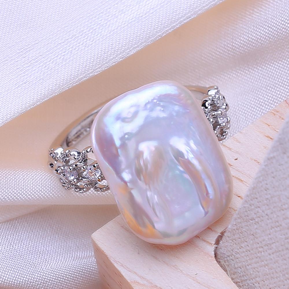 LSOOYH Freshwater Big Baroque Pearl Rings For Women Classic Silver Color Party Ring Anniversary Birthday Gifts