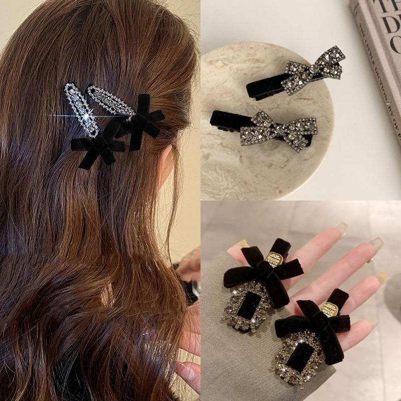 2 Pezzi Dolci Fiocchi Strass Mollette per Capelli Ragazze Kawaii Carino Copricapo Fiocco di Velluto Mollette a Becco d'Anatra Bambini Mollette Laterali Forcina per Capelli Frangia