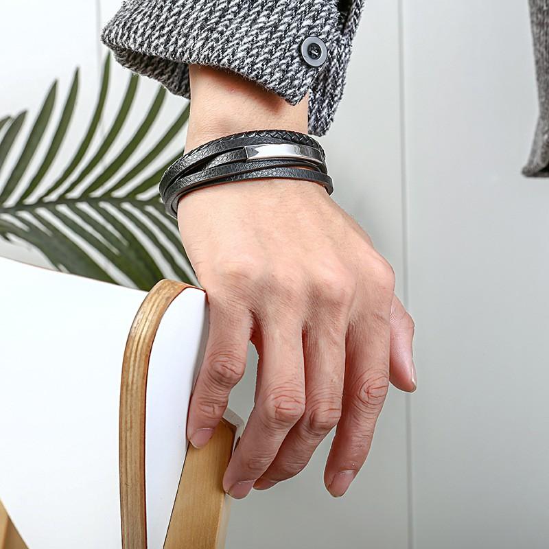 Mens Wide Leather Bracelet Handmade Multi-Layer Woven Cuff Geometric Design Steel Tone Adjustable Size