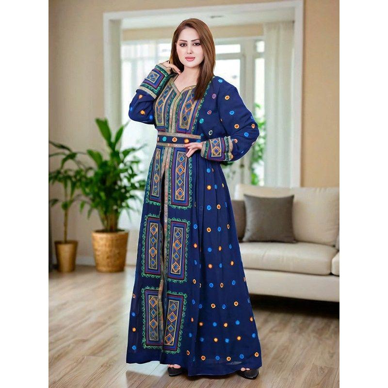 Cross-Border European and American Middle East Print Sequins Women Clothes New Fashion Dubai Robe Chiffon Travel Dress Dress