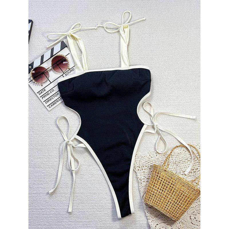 

Черный с белой окантовкой слитный купальник бикини для женщин, сексуальный купальник без спинки с вырезами и боковыми завязками для пляжа L чёрный