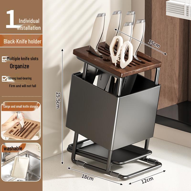 Pre-Owned Solid Wood Slanted Knife Holder Rack for Kitchen Countertop