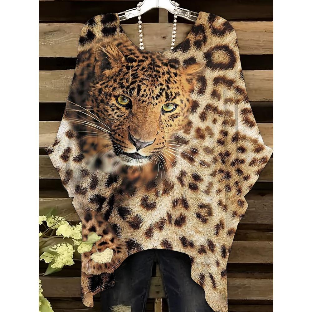 Cheetah pattern women's large size short-sleeved T-shirt, irregular hem design, digital printing four seasons T-shirt