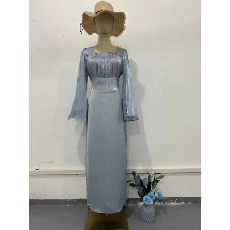 European and American Square Collar Patchwork Pleat Sweet Solid Bell Sleeve Sheath Dress Women Dress