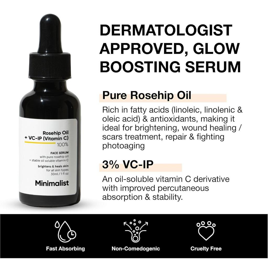 Сыворотка для лица с маслом Шиповника и Витамином С 100% (30 мл), Rosehip oil + VC-IP (Vitamin C) 100% Face Serum,  Minimalist
