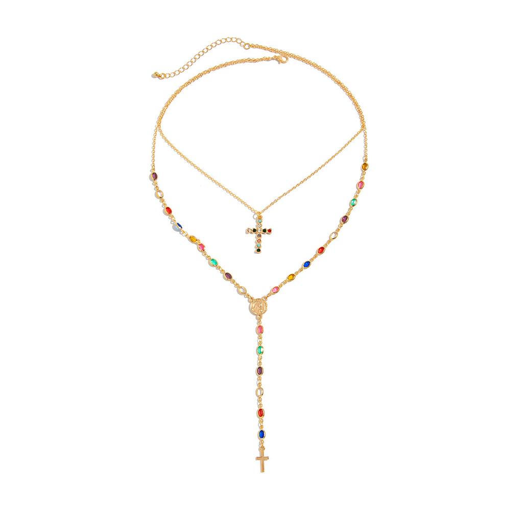 Hip-Hop Colored Crystal Chain Necklace, Vintage Diamond-Encrusted Cross Pendant Stacked Necklace.