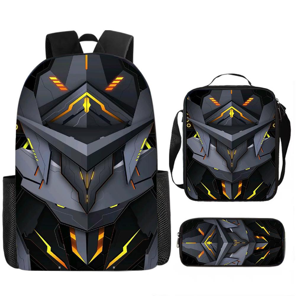 2026 Cross Border New Mechanical Wind Backpack Three Piece Set for Students, Large Capacity Backpack, Ice Bag, Pen Bag