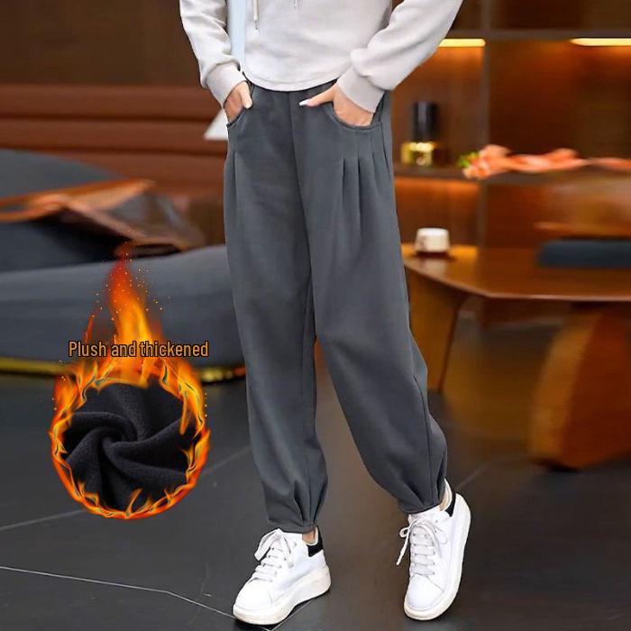 

High Waist Plus Velvet Bloomer Pants for Women - Loose Slim Fit, Thickened Cuffs, Autumn/Winter 2023 Casual Sports Harem Style XL