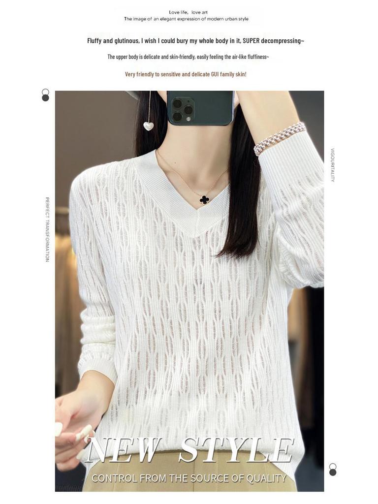 Summer 2025 Women's Plus Size V-Neck Long Sleeve Hollow Out Knit Sweater Cardigan Blouse