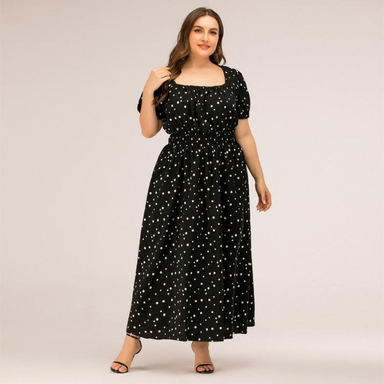 Women Plus Size Summer Dress Long A Line High Waist Square Collar Bubble Sleeves Dot Print XL 4XL