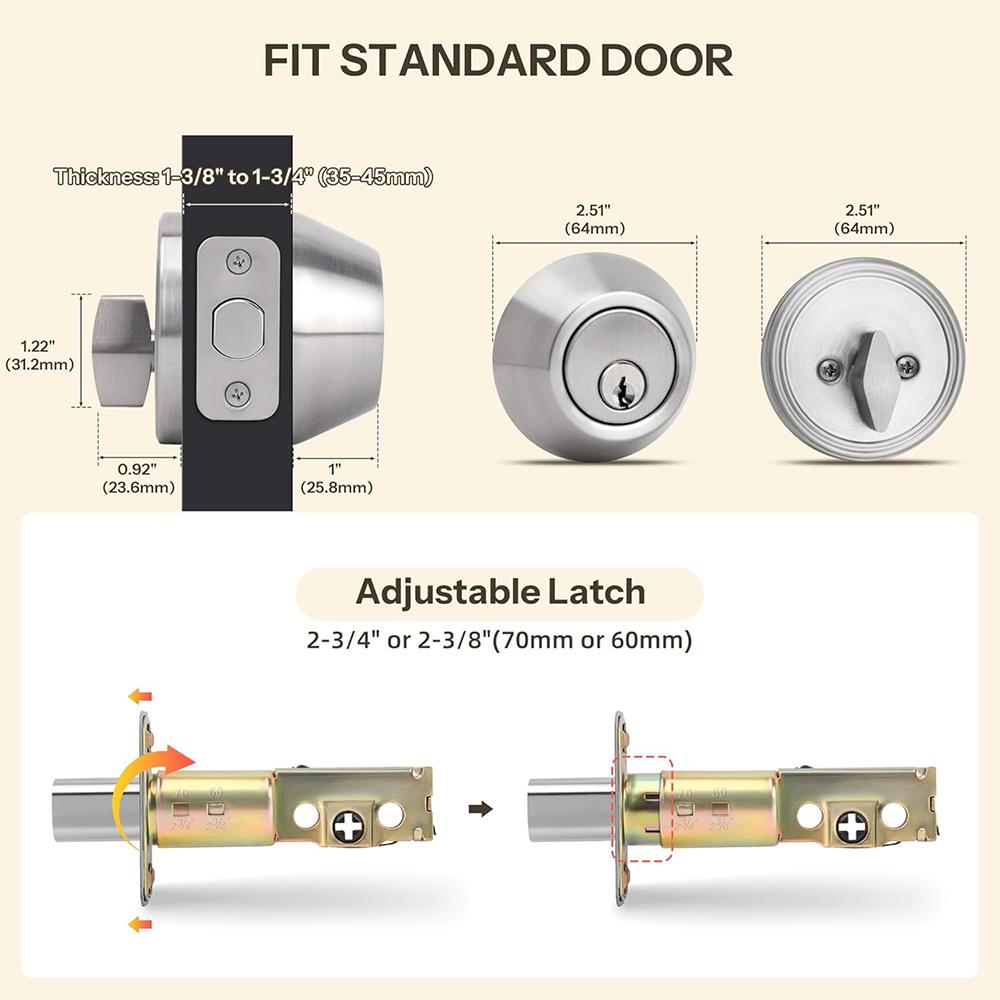 Single Cylinder Deadbolt, Round Deadbolt Lock with Keys, Modern Door Locks with Deadbolt, Deadbolt for Front Door Entrance