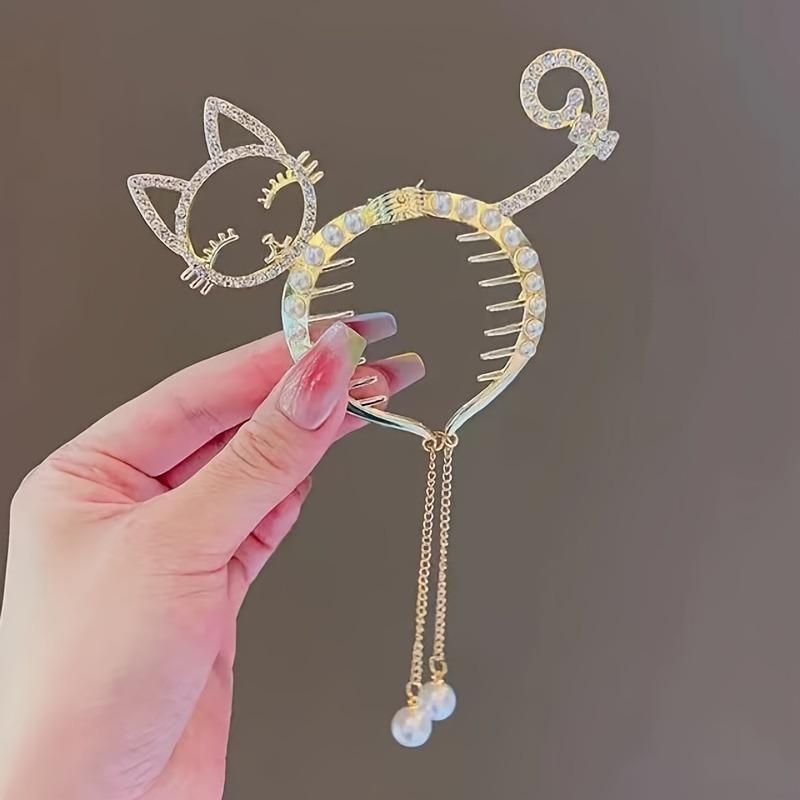 

1Pc Elegant Alloy Hair Clips, Cat Style, Tassel Pearl Drapes, Cute Round - Fashion Hair Clips Accessories, Halloween Christmas