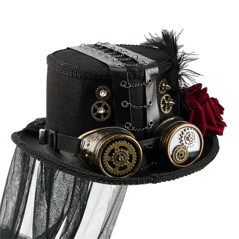 Gothic Metal Gear Hat Costume Accessory With Goggles and Rose Flower Long Veil Magicians Tall Hat for Theme Event