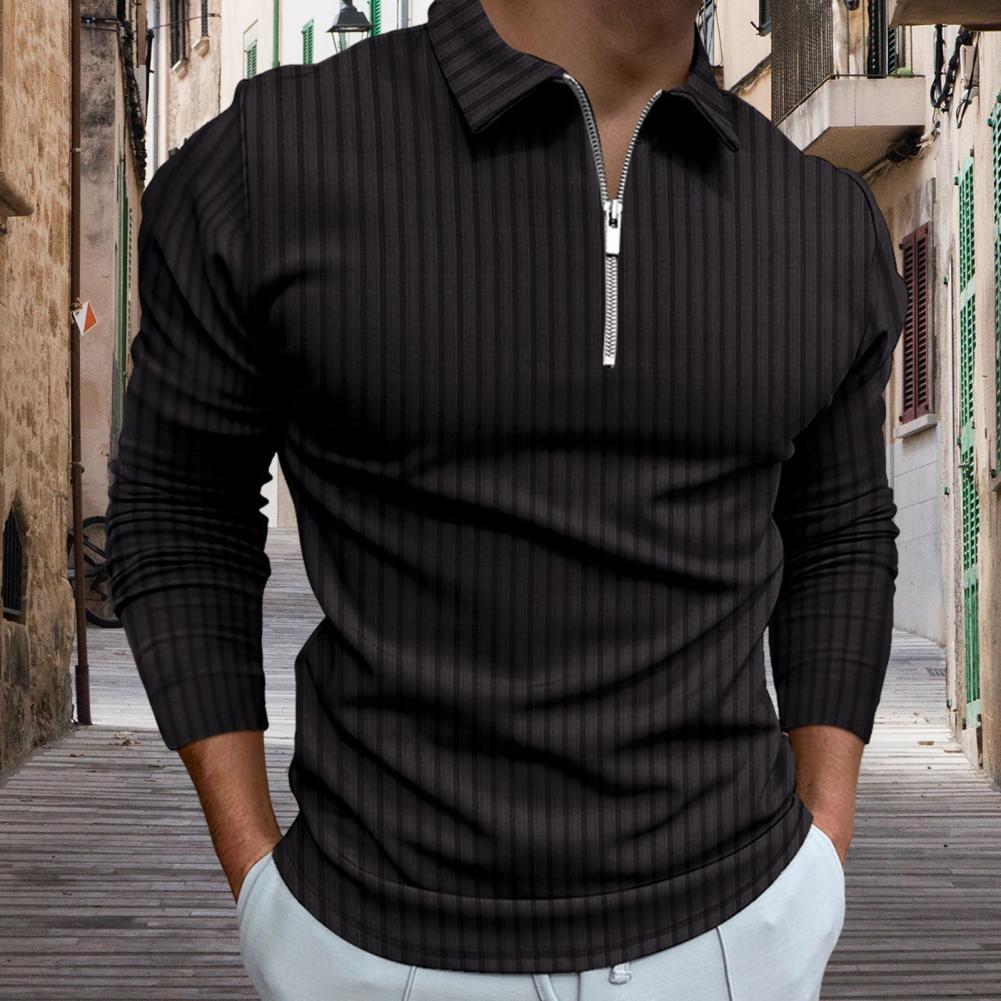 Fall Men Shirt Zipper Turn-down Collar Long Sleeves Pure Color Striped Slim Fit Pullover Formal Business Style Daily Top