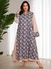 Plus Size Middle Eastern Ethnic V-Neck Printed Patchwork Long Dress