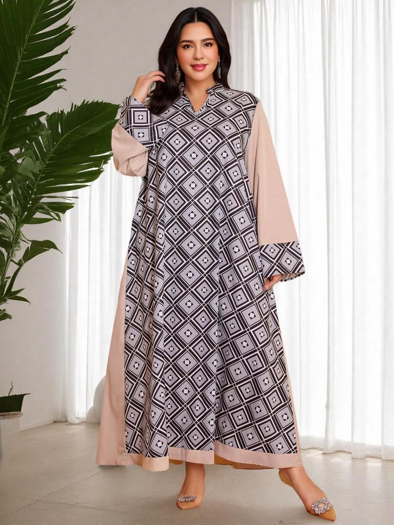 Plus Size Middle Eastern Ethnic V-Neck Printed Patchwork Long Dress