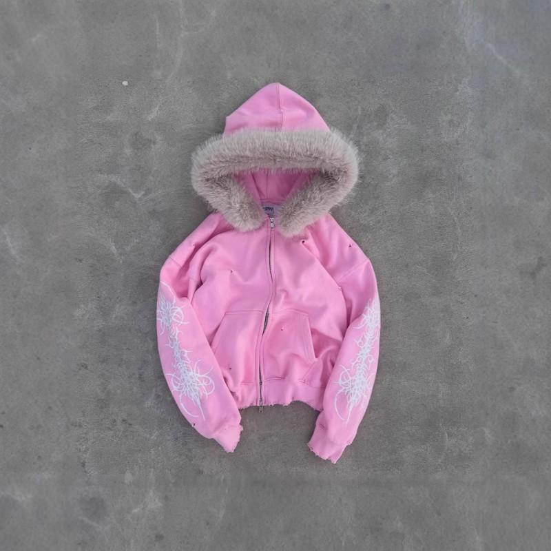 Pink Hooded Zip-Up Sweatshirt Set Women Men Unisex Streetwear Loose Fit Long Sleeve Tracksuit