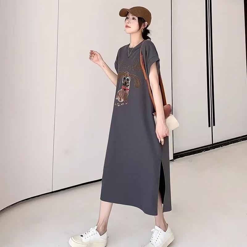 Plus-size Cartoon T-shirt Dress, Summer  Loose Mid-length Dress, Round-neck Slit Dress