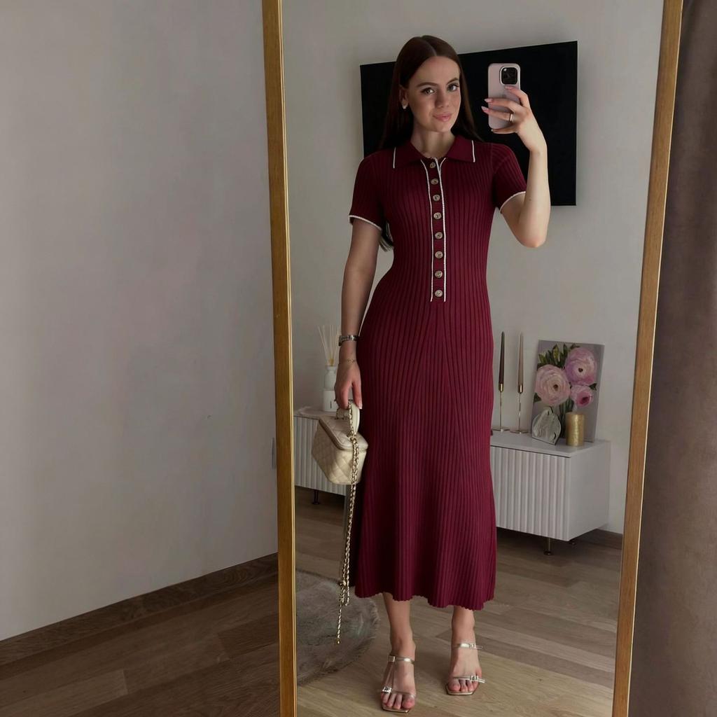 European and American lapel slim and thin temperament splicing contrasting color hip-wrapped short-sleeved long single-breasted dress