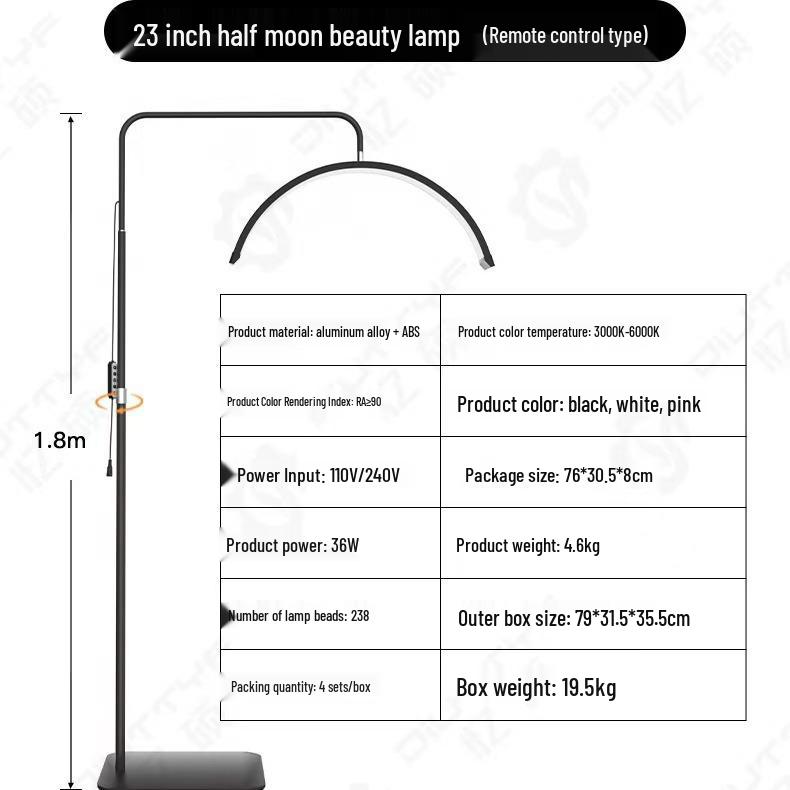 24-inch Half-Moon LED Beauty Lamp for Manicure, Microblading, Eyebrow, Eyelash, Eye Protection, Floor Fill Light.