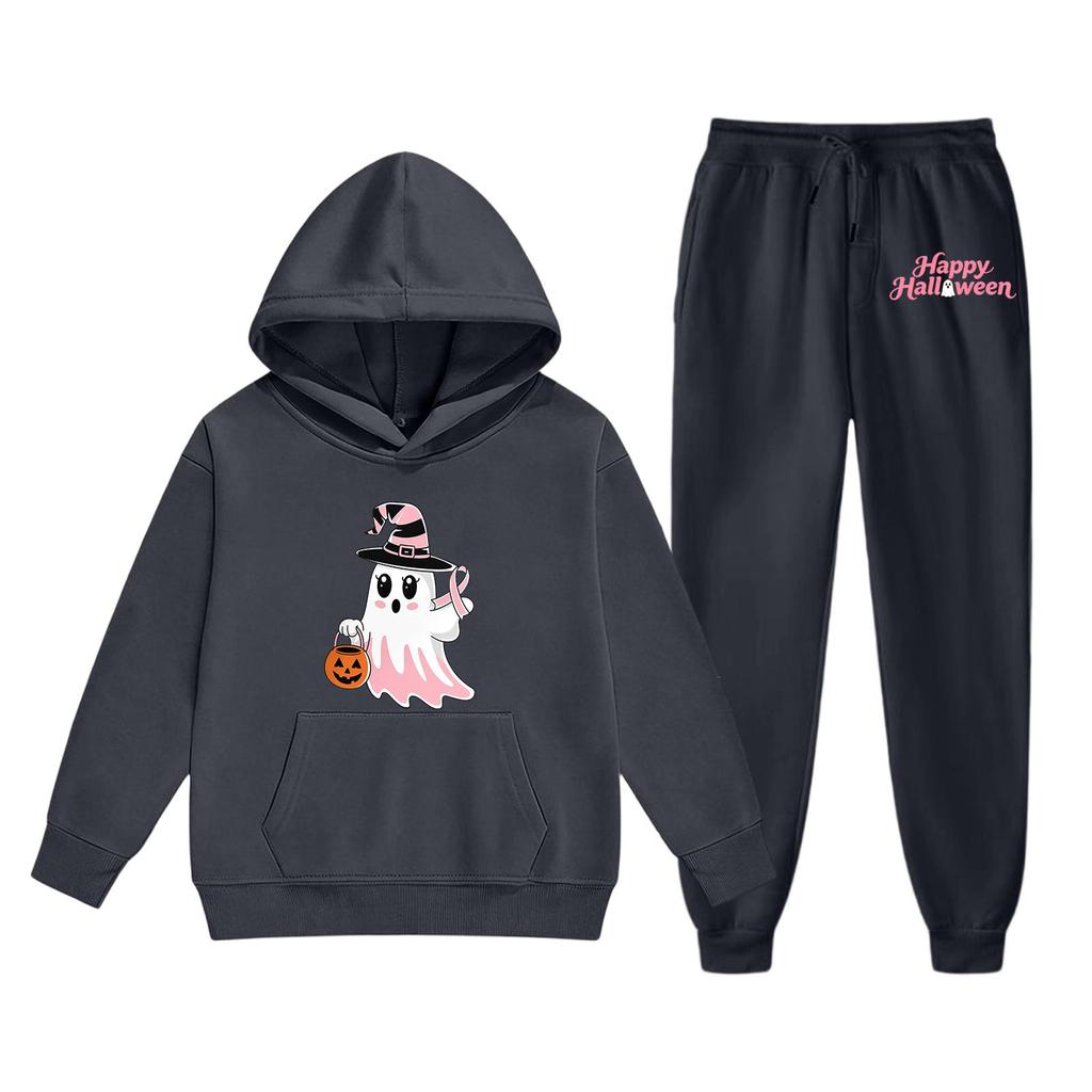 Kids Halloween Hoodie and Pants Set Ghost Print Hooded Sweatshirt and Matching Bottoms Comfortable Casual Outfit for Boys and Girls