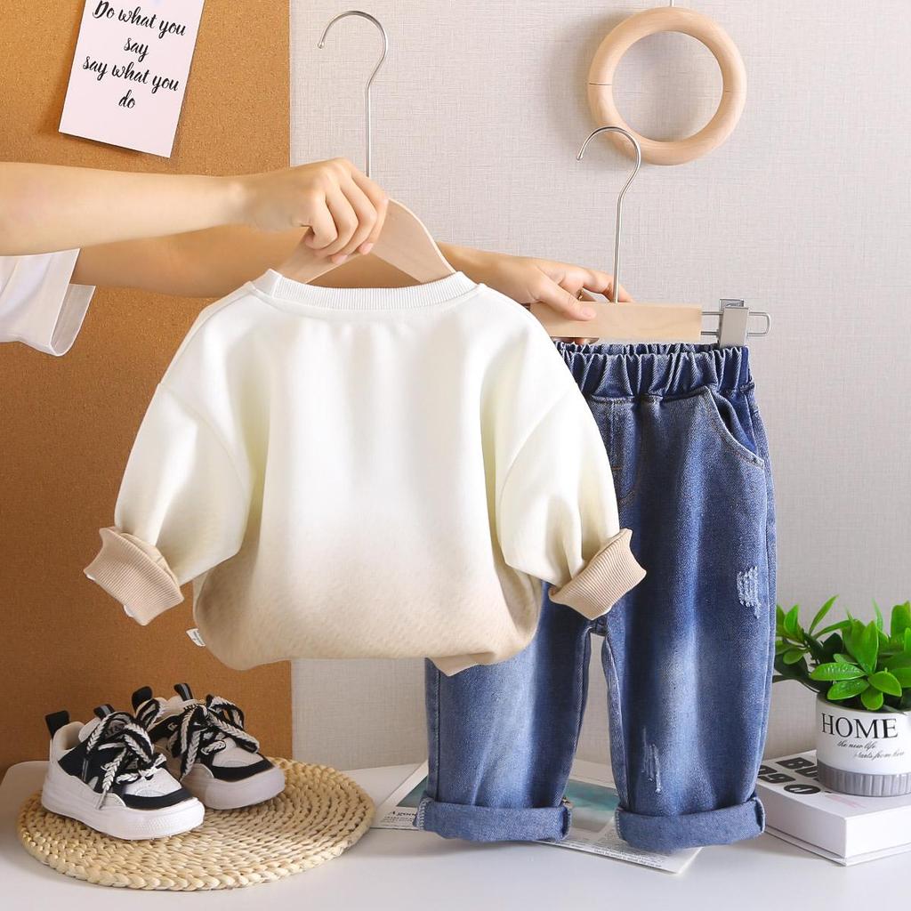 Boys' Long Sleeved Two-piece Set - Round Neck English Letter Hoodie+denim Pants - Fashionable Clothes