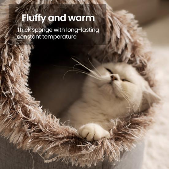 Warm Cat Cave Bed Cozy Pet Calming Nest Plush Hooded Cat Bed Fluffy Winter