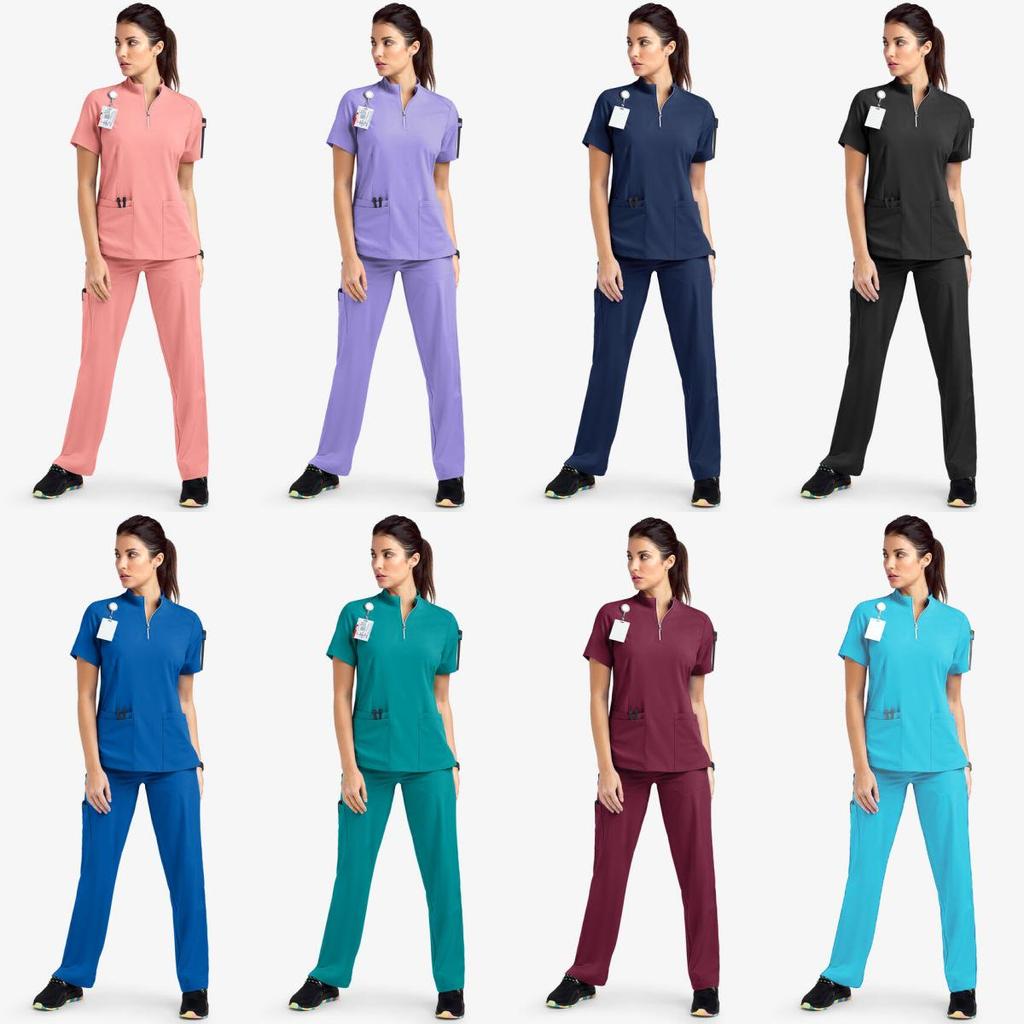 Quick-Dry Short-Sleeve Zipper Gown for Beauty Salon/Hospital Nurses with Casual Stand-Up Collar